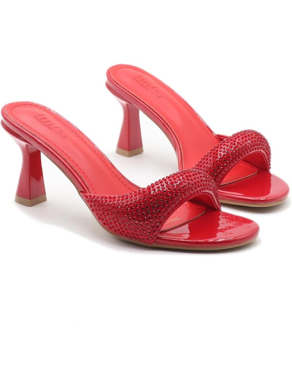 Women's Red Rhinestones One Strap Square Open Toe Kitten Heel Slide Sandals